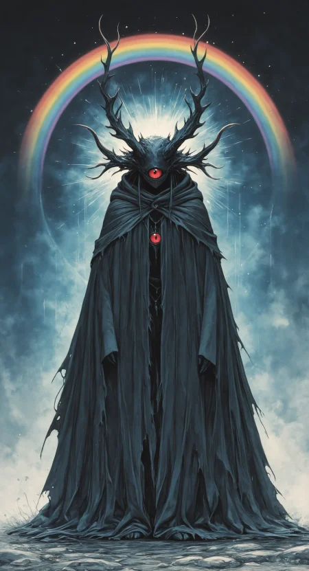 masterpiece, best quality, amazing quality, solo, looking at viewer, 1boy, standing, full body, male focus, horns, 1other, cloak, one-eyed, rainbow, Studio Ghibli Dark Fairytale <lora:noobai_ep11_stabilizer_v0.138_fp16:0.3> <lora:NOOB_vp1_detailer_by_volnovik_v1:0.3> <lora:Dark_Ghibli:0.8>