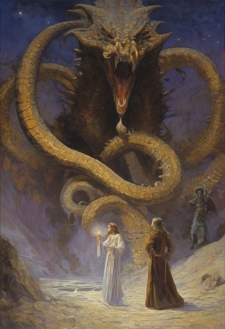 style of Ted Nasmith, score_9, score_8_up, score_8_up, ng_deepnegative_v1_75t, photo, realistic, 
chuck lukacs:1.1", "frank frazetta:1.3", "artgerm:1.4", "jae cheol park \(valentina kallias\):1.3", "Jean-Franois Millet", "Gustave Courbet", "Jules Breton", "Oil painting,
the Binding of the Thorned Serpent, a perilous ritual held once a century when the stars vanish behind the veil of darkness. At the center of the Deadwood Vale, acolytes and high priests use forbidden magic to tether a celestial serpent to their will, amidst chants and sacrificial offerings
,oil painting, traditional media, realistic, moonlight, close up, fantasy style", "dark fantasy, <lora:add-detail-xl:2>
, masterpiece, PYS-XL,