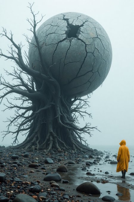 A surreal digital artwork of a foggy beach with a massive, cracked sphere disintegrating into fragments of rocks, debris, and smaller spheres. The sphere is partially dissolving from its base, creating a sense of erosion and transformation. From the core, a swirling mass of dark, organic, and jagged roots extends upward in a dynamic wave-like formation. The roots form intricate patterns and textures with sharp, elongated spikes radiating outward. As the roots extend upward, they transition into a large, spherical fragment with visible cracks and fractured surfaces, further breaking apart into numerous small rocks, pebbles, and particles that spread outward. On the right side of the image, a full-body female figure is standing in bright yellow raincot.Midjourney_Whisper