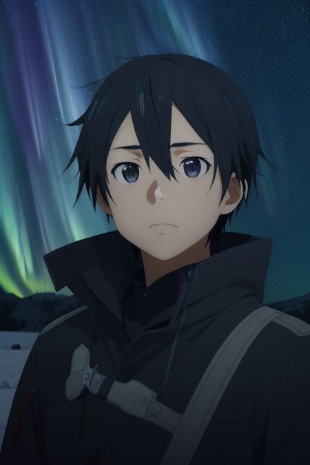 high resolution, solo, best quality, 1Boy, Kazuto Kirigaya, portraits, Black Hair, Black Eyes, winter, Northern Lights, Stargazing, OverallDetail