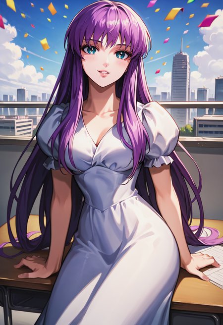 score_9, score_8_up, score_7_up, best quality, intricate details, source anime, rating explicit, BREAK
sitting on desk, desk, love gaze, blush, parted lips, light smile, head tilt, 
athenakido, purple hair, long hair, aqua eyes, dress, puffy sleeves, <lora:SaoriKido_Pony_v02-10:1> 
confetti, city, blue sky