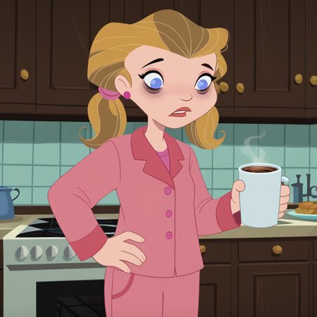 score_9, score_8_up, score_7_up, 1girl, solo,
pale-skin, light blue eyes, medium-length blonde hair, pigtails with pink hair ties, pink pajamas, 
 perfect hands, show accurate, perfect anatomy, med body,
indoors, small perky breasts, kitchen, hand on hip, loose clothing, holding a cup of coffee in hand, sleepy eyes, bags under eyes, loose clothes,
