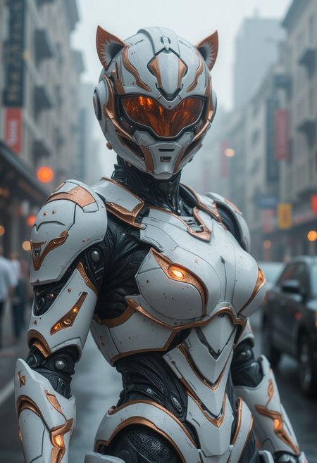 realistic photo of white futuristic metal mech armor suit, detailed full helmet, visor, tactical armor, [sports car], tiger ears, upper body, hero, by Jeremy Lipking, by Antonio J Manzanedo, [by Alphonse Mucha], masterpiece, (pov), foggy city street, varied depth of field, [movie scene], upper body, (facing viewer, straight-on:1.4)