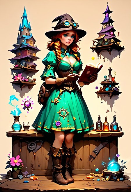 score_9, score_8_up, score_7_up, score_9, score_8_up, score_7_up, score_6_up, score_5_up, (witchcraft:1.3) 1girl Beautiful alchemist, leaning forward studying magic Book on bench,copper hair, Steampunk goggles, goggles on head, (Alchemy and Tinker shop, tools, potions, bottles, workbench, wooden walls, wood furniture, schematics on wall, blueprints on wall, proud, green dress, brown corset, leather belt, Brown Backpack, too many pouches, massive boots, gloves,l charts in a tower filled with magical orbs | Wizard activating a golem in a rune-lit workshop | Alchemist mixing potions amid hovering magical essences | Enchantress reading a spellbook while a magic quill writing notes, studying a steampunk-inspired chronomancer's clock, steampunk, gears,magical symbols, flower ornate, magic, wicca, gems and crystals, elaborate,abstract, woman, art style, bioluminescent, (amazing fantasy setting, Ultra Realistic, trending on artstation, exaggerated, detailed background:1.1)