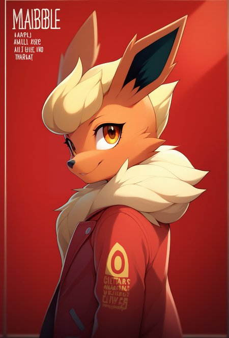 score_9, score_8_up, score_7_up, score_6_up, score_5_up, score_4_up,  <lora:marblesoda_style_ponyXL_v1.2:1> marblesodastyle, (red background, red theme:1), depth of field, english text, character name,
1girl, solo, furry, flareon, amber eyes, eye reflection, flipped hair, short hair, antenna hair, bangs, happy, looking at viewer, from side, leaning, jacket, skirt