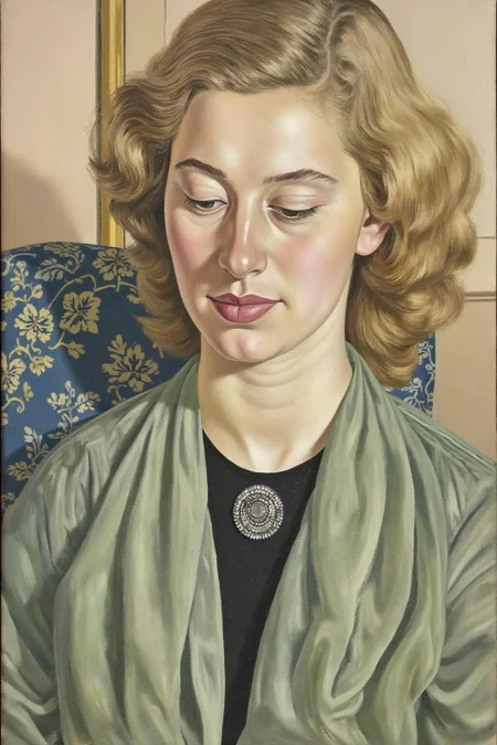 sspencer1 painting.
A painting of a young woman with a soft, wistful expression. She has shoulder-length, wavy, light brown hair styled in a gentle, natural manner. She is gazing downward. <lora:sspencer1_cap_d6a3:1.0><lora:832098726462920304:0>
