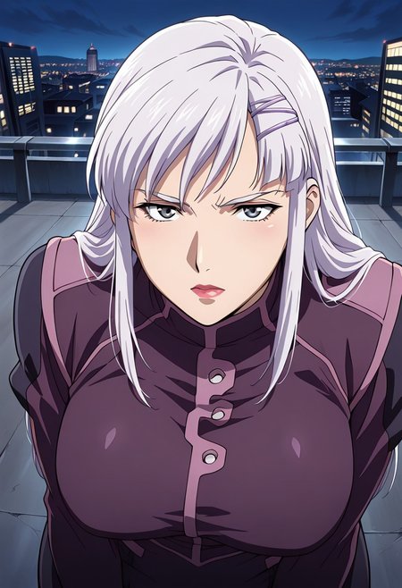((masterpiece, absurdres)), best quality, amazing quality, newest, 4k, anime coloring, very aesthetic, ray tracing, Smooth Quality, CG, source_anime, nora polyansky,1 mature female, grey eyes, white long hair, hairclip,purple  military uniform,gloves,city view, street view