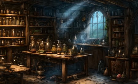 medieval, interior, medieval interior, wooden interior, table, chair, big black cauldron, shelves, books, scrolls, window covered with thin see-through animal hides, (jars filled with mysterious ingredients for brewing potions with:0.4), herbs, a small pestle and mortar, 
HD, very detailed, ambient lighting,
<lora:more_details:1> <lora:Bloodborne:0.25> ,   <lora:FantasyInteriors:0.4> fanint <lora:FantasyStudy:0.4> fanstu