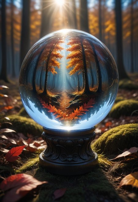 Crystal ball containing a forest ablaze with autumn colors, 
under a pristine blue sky, 
mysterious ambiance, 
capturing the essence of fall, 
sharp reflections, 
perfect clarity, 
dramatic lighting, 
ultra clear., 
Mysterious