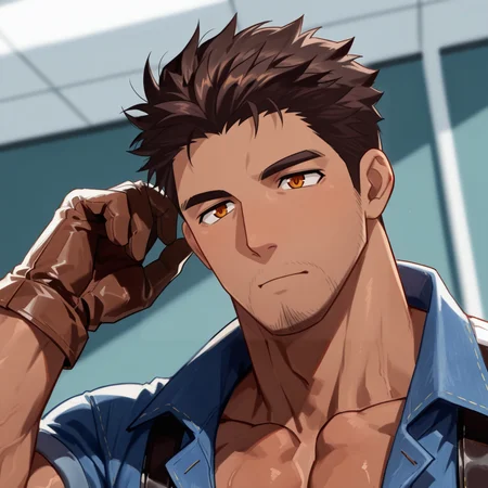 <lora:Oki_Ardana__Full_Service:.65>, Oki Ardana, dark-skinned male, amber eyes,, Brown gloves, Overalls, open clothing,
(very short hair, beard, bara, mature, facial hair, stubble, beard, full beard, sideburn, beard, a lot of beard, ), facial hair,male focus, muscular male, muscular male, bara, mature,  bara, mature, aixiwuganda_(20222192), very awa, masterpiece, best quality, absurdres, newest, perfect quality, detailed background, intricate details,
<lora:slider_Body Type_alpha1.0_rank4_noxattn_last:3><lora:style_Anime Summer Days 2 Style SDXL_LoRA_Pony Diffusion V6 XL:.6><lora:slider_cfg_scale_boost:.7><lora:Artist6p:.55>, Artist6p, Artist04p,<lora:slider_il_brightness_slider_d1:-1><lora:slider_il_contrast_slider_d1:-1><lora:slider_DarkSlider1.2_alpha1.0_rank16_full_300steps:-.6>