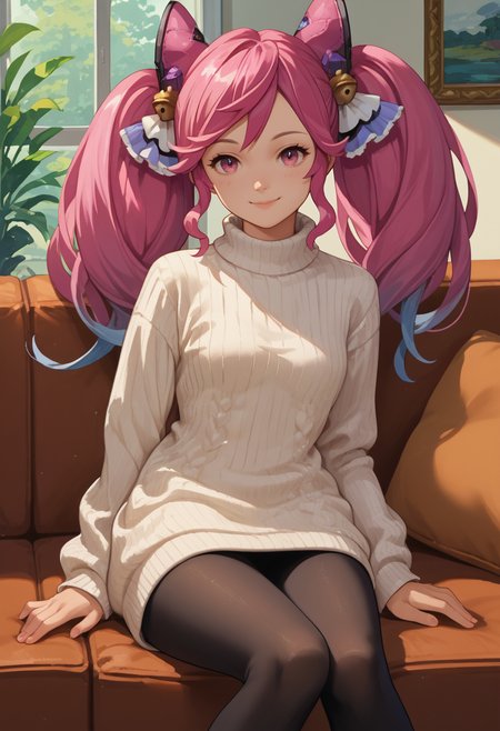 score_9, score_8_up, score_7_up, source_anime, solo, 1girl, dragaliacleo, smile, looking at viewer, sitting, couch, twintails, hair bell, pink eyes, white sweater, sweater dress, ribbed sweater, turtleneck, black pantyhose, indoors <lora:dragalialost_cleo_ponyXL:1>