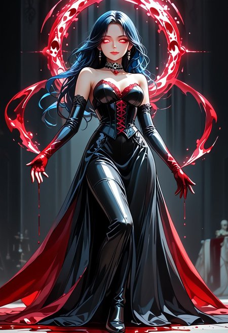 Core 9, Score 8, Score 7, Anime Origin, Intricate Details, Detailed Backgrounds, Masterpiece, High Quality, Perfect Hands, Best Quality, Black Hair, Multi-Colored Hair, Blue Hair, Golden Eyes, Shadowy Gaze, Side Smile, Very Long Hair, Side Bangs, Straight Hair, Thigh-Length Hair, Medium to Large Breasts, Narrow Waist, Perfect Face, Detailed Face, Jeweled Choker, Elbow-Length Gloves, Wide Thighs, Black Stockings, Long Stockings, Dark Clothing, Black Clothing, Jewelry, Elegant Victorian Background, Elegant Background, Looking From Below, Haughty Gaze, In the Shadows, Black Aura, Loose Hair, Bare Shoulders, Corset, Cocktail Dress, Bodycon Dress, High Neckline, Masterpiece, High Quality, Multi-Colored Background, Hands Up: 1.5, <lora:Aanimate_Dead-magic_-ILXL:0.8> animate_dead, Skull Aura: 1.4, Lying Down, Full Body, Dutch Angle, blood, blood drops, glowing eyes, (Element) control, Blomagmb, blood magic, blood, bloodstream, jewels, rubies, skull background.