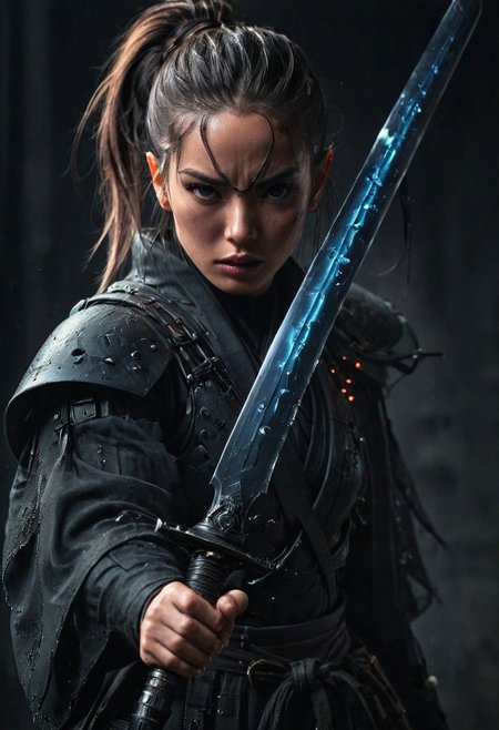 Super Closeup Portrait, showcasing a shinobi skillfully wielding inverse profoundly black luminous large katana sword. Motion light veil, top Hairbun, Explore the stark contrast between the ominous, dystopian backdrop and the vibrant, transparent blades in descent. Dive into the emotions, obstacles, and enigmatic ambiance conveyed by this distinctive scenario. very detailed, 
raw photo, photorealistic, high detailed texture, 8k uhd, dslr, soft lighting, high quality, film grain, Fujifilm XT3, highly detailed photography, atmospheric haze, Film grain, cinematic film still, shallow depth of field, highly detailed, high budget, cinemascope, moody, epic, OverallDetail, gorgeous, 2000s vintage RAW photo, photorealistic, candid camera, color graded cinematic, eye catchlights, atmospheric lighting, skin pores, imperfections, natural, shallow dof