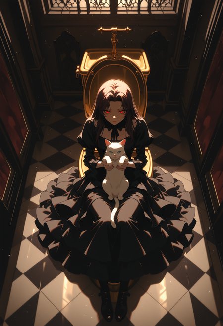 (incredibly_absurdres, amazing_background, best quality, flat_colors, anime_coloring, dynamic_angle, motion_blur, dutch_angle, surreal, line_art, traditional_media)
(4utumnd4rk4cademia, from above, close-up, backlighting, light_particles, foreshortening, sitting_on_toilet, 1girl, red_eyes, long_hair, layered_dress, holding cat, gothic_architecture, (shiny golden toilet), ornate floor, bathroom, cramped, liminal, spoopy)