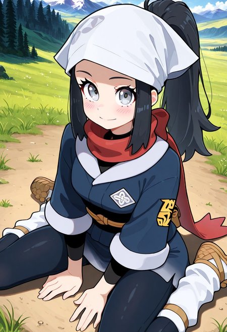 (masterpiece,best quality,absurdres:1.3),1girl,zzAkari, grey eyes, eyelashes, black hair, long hair, white headwear, sidelocks, ponytail,  black pantyhose, black undershirt, jacket, loose socks, pantyhose, red scarf, sash,
wariza, legs apart, looking at viewer,smiling,blush,high angle shot,
outdoors,plains,grass,mountains,(volumetric lighting,soft shadows:1.1)