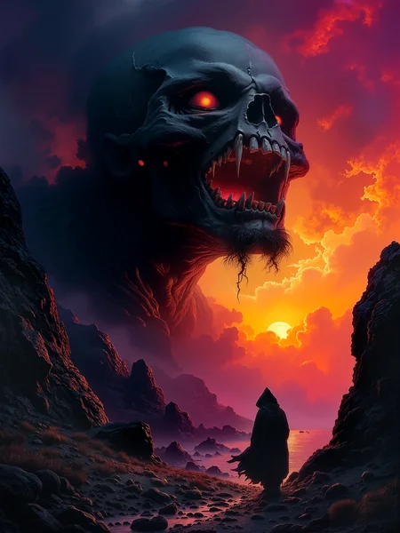 famous artwork, absolute masterwork, classical oil painting, oil on canvas, traditional media, at night, dark, dim lighting, golden ratio, dynamic, oil painting on canvas of a dramatic fantasy horror scene. the central figure is a colossal, monstrous head of an undead, featuring glowing red eyes. the creatureâs mouth is open wide, revealing its menacing, sharp-toothed interior. the background features a vivid sunset sky, filled with swirling clouds in shades of orange, red, and purple, creating a striking contrast with the dark, foreboding landscape. in the foreground, a small human figure in a dark hooded robe stands on a rocky path. the silhouetted figure, seen from behind, appears to be gazing up at the creature. the path is surrounded by jagged rocks and steep cliffs, adding to the sense of isolation and danger. the lighting is dramatic, with the sunset casting a warm, golden glow on the creature's face and the rocky terrain, while the rest of the scene remains shadowy and dark. the camera angle is slightly low and tilted, emphasizing the enormity of the creature and the vastness of the sky. the texture of the painting is smooth and polished, with meticulous attention to detail in the creature's skull and the folds of the cloak. the overall style is reminiscent of dark fantasy art, with a focus on dramatic lighting and a sense of impending doom., color gradients, plum purple and lime green and dresden blue and fuchsia and ivory, ovg, style of rembrandt, vantablack, <lora:style-rembrandt-flux-by_tangbohu:0.84> <lora:vantablack-v2-flux-by_tijuanaslumlord:0.8>