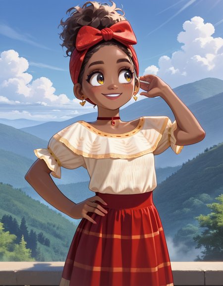 masterpiece, best quality, amazing quality,  very aesthetic, absurdres,  newest, detailed background, 4k, 8k, outdoors, 
doloresxd, 1girl, dark skin, dark-skinned female, solo, hand on hip, earrings, jewelry, smile, outdoors, brown hair, hair bow, very dark skin, skirt, choker, bow, day, cloud, sky, dress, hand up, nature
 <lora:Dolores_Madrigal_-_Disney_Illustrious:1>