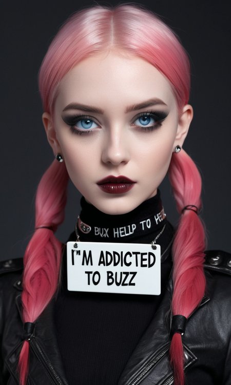  gothic woman with long, bright pink hair styled in loose twin ponytails. She has a pale, almost porcelain-like complexion, contrasting sharply with her dark gothic attire. Her makeup is dark and dramatic, with smoky black eyeshadow and deep red lipstick. She wears black clothing with gothic elements, such as a leather jacket with studs or a black lace dress, and has multiple ear piercings and possibly a choker around her neck, icy blue eyes, she is holding a sign which says: "I'm addicted to flux, need help or buzz.",erotic, perfect face, perfect anatomy, cute, beautiful, perfect beauty, amazing beauty, pure genius, absolutely perfect, gentle, highly detailed, breathtaking