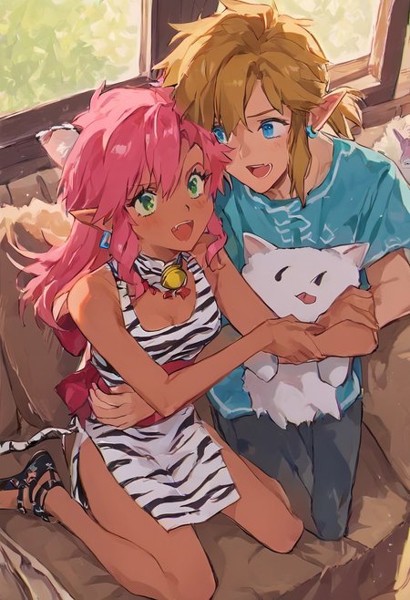 score_9, score_8_up, score_7_up, score_6_up, 1990s_(Style), Anime_Coloring, masterpiece, source_anime screenshot, duo, 2 girls, 1 boy, vivid colors, anime style, cartoon anime, source_anime, high-res, beautiful aesthetic, very intricate, high-quality details, vibrant, highly detailed, award-winning, professional, sleek and shiny, <lora:pink-ponyxl-v2:1>, single fang showing, sleeveless dress, white tiger print dress, pelvic curtain, cleavage, white cat ears, cat bell necklace, bright pink hair, tanned, white tiger tail, red sash, small breasts, leather shoes, detailed eyes, green eyes, detailed face, pink looking lonely, BREAK score_9, score_8_up, score_7_up, score_6_up, Masterpiece, source_anime, anime style, 1 girl, 1 boy, vivid colors, high-res, beautiful aesthetic, very intricate, high-quality details, vibrant, highly detailed, award-winning, professional, <lora:link:1> link1, link, pointy ears, blonde hair, blue eyes, medium hair, side locks, earrings, short ponytail, blue hylian tunic, looking excited
Break
 In cozy cottage, near window, dark outside, in front of fireplace, on sofa, pink hugging stuffed link plushie, stuffed link toy hugged, hugging, stuffed link