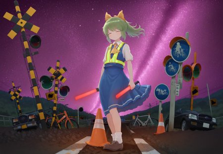 best quality, masterpiece, full body,

1girl, solo, diyusi \(cookie\), closed eyes,
green hair, medium hair, ponytail, yellow hair bow,
blue vest, high-visibility vest, blue skirt, white shirt, collared shirt, skirt set, yellow ascot, 
short sleeves, brown shoes, bangs, socks,

traffic baton, holding traffic baton,
glowing weapon,

floating clothes, floating hair,

road sign, traffic cone,
bicycles only sign, pedestrians only sign, railroad crossing ahead sign,
traffic light, traffic mirror,
black car, railroad crossing,

star (sky), night, milky way, starry sky,
standing, gravel, standing on gravel,