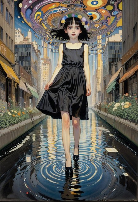 lost painting by Gustav Klimt during his vibrant cathode ray tube static period. The painting depicts a young girl walking on a pond made of light at the center of a brutalist city, her head refracted by a prism into flowing static.