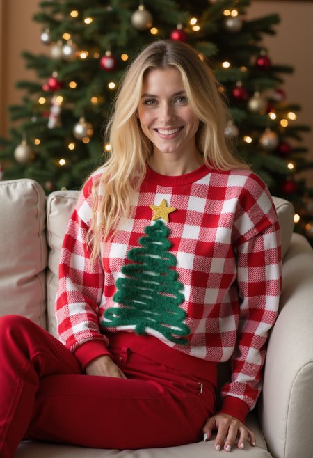 clo031, full body shot, beautiful woman, smiling, wearing a red-and-white checkered knit sweater with a fuzzy green Christmas tree design and a gold star on top, soft textures, long cozy pants, red christmas socks. lying on a couch in front of a christmas tree, in a cozy living room