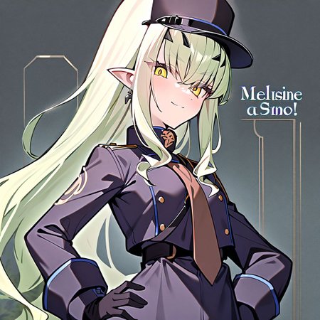 1girl, Melusine \(fate grand order\), fate grand order, solo, long hair, hat, white hair, pointy ears, yellow eyes, peaked cap, jacket, black gloves, hand on own hip, closed mouth, hair over one eye, looking at viewer, brown necktie, large breasts, eyes visible through hair, smile, long sleeves, ponytail, gloves, upper body, light green hair, character name, necktie, breasts, english text, blush, black headwear, white jacket, 
masterpiece,best quality,  newest, absurdres, safe <lora:ag31_twin_fp8-000036:1>