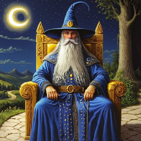 <lora:Vintage_Wizard_Fantasy_illustrationSDXL:1> Vintage Fantasy illustration, The image is a painting of an old wizard sitting on a throne. The wizard is wearing a blue robe with gold embroidery and a pointed hat with a crescent moon on top. He has a long white beard and is looking off to the side with a serious expression on his face. The throne is made of gold and has intricate carvings on the backrest and armrests. The background is a night sky with stars and a cresent moon. The ground is covered in greenery and there is a pathway leading up to the throne., 1boy, hat, male focus, facial hair, solo, sitting, moon, crescent moon, beard, nigh