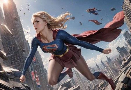 (best quality, masterpiece, colorful, dynamic angle, highest detailed) realistic portrait beautiful concept art of Supergirl scene when she flies through the multiverse