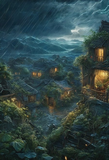 Best quality, masterpiece,
View at nightstorm from window village house, village outside and plants under strikes of strong wind, wrath of nature
Intricate, entangled, intricately detailed