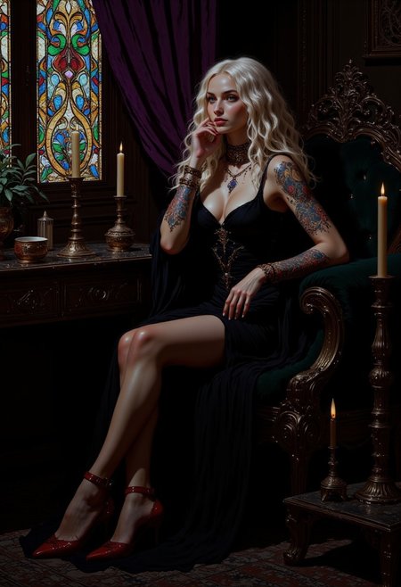 pinkdarkfantasy,
This fantasy-style digital painting portrays a mysterious young woman with long, white curly hair, adorned with  Her violet eyes, sharp features, and cool black lips exude charm. She wears a fitted black dress that accentuates her slender form, with a fishtail skirt and a black nylon pantyhose revealing her long legs. A bunch of detailed body tattoos, gothic inspired, obsidian and ruby intricate, adds rebellion to her dark attire.
She rests on a black velvet sofa, with leather red high heels featuring embroidered straps. The dimly lit room is adorned with deep purple velvet curtains, a stained glass window casting colorful shadows, and ancient walnut furniture with flickering candles, creating an air of mystery.