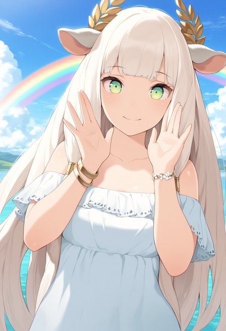 masterpiece,best quality,amazing quality,
rainbow, solo, 1girl, horns, animal ears, long hair, smile, water, green eyes, looking at viewer, sky, very long hair, cow horns, day, no humans, bangs, blue sky, dress, cloud, official alternate costume, hands up, bare shoulders, upper body, laurel crown, bracelet,
<lora:Irotenya:1> <lora:cutepussy:1>