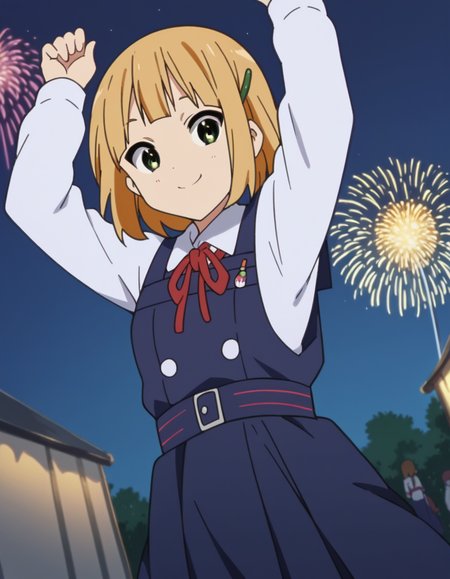 score_9, score_8_up, score_7_up, source_anime, <lora:midori-tokiwa-s1-ponyxl-lora-nochekaiser:1>, midori tokiwa, short hair, blonde hair, hair ornament, green eyes, hairclip,, school uniform, pinafore dress, ribbon, red ribbon, long sleeves, blue dress, buttons, long skirt,, festival, fireworks, summer night, food stall, traditional, arms up, smile, smug, looking at viewer, solo,, dutch angle, cowboy shot