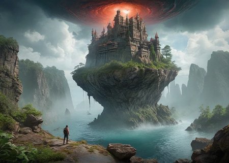 (pui:0.01) An intrepid explorer standing at the edge of an abyssal chasm on a floating island, gazing out at the swirling depths below,
slender, elevated explorer with ancient artifacts on their back, strands of ethereal mist swirling around the edge, alien plants drifting in the void, a crystalline stream, the explorer's stance, distant, towering spires piercing the sky, 
(bright anomaly:1.31), (jarring contrast:1.12), (eye-catching:1.2), (surreal juxtaposition:1.04),(trending:1.04) (masterpiece:0.96), (RAW:0.87),subsurface tering,high definition,masterpiece, amazing quality, (aesthetic:0.87), <lora:LCMTurboMix_Euler_A_fix.safetensors:0.96:0.3> <lora:sdxl\zy_Realism_Enhancer_v1.safetensors:0.85:0.18> <lora:sdxl\add-detail-xl.safetensors:0.88:0.10  p18,s1