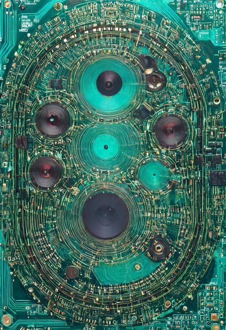 double exposure of opera diva Hatsune Miku with long floating aqua twintails singing high note merging  with a printed circuit board of Yamaha electronics chip processor motherboard, <lora:DoubleExposure:1>, (head:1.8), <lora:The Phantom of the Opera style:1.5> The Phantom of the Opera style, <lora:loraeyesxl:0.4>
