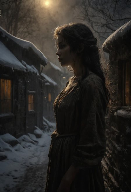 Hyper-realistic highest quality, masterpiece, girl, black hair, black eyes, House, shining sun, shiny skin, solar flare, photographs of a village covered with snow in an ethereal fog, where fairy tales come to life, street lamps, several houses with illuminated windows, smoking chimneys, Locked in the echoes of forgotten spells, eh. b. Jackson, Alan Lee,
Vibrant Colors, Snowy Sky, Sun Rays, Extremely High Detail Resolution, Photographic, Realism Taken to the Extreme, Fine Texture, Incredibly Realistic, Masterpiece, Best Quality, Photography, Fabulous, Face Focus, Intricate Details, Sharp Focus, Photography, Photorealism , photorealistic, 8k, soft focus, volumetric light,
creepy, (intricate details), (hyper-detailed), 8k hdr, high detail, lots of detail, high quality, soft cinematic light, dramatic atmosphere, atmospheric perspective, wide