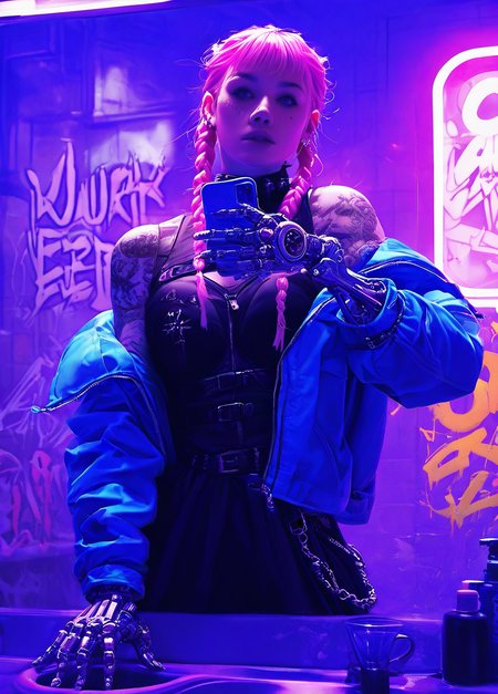 realistic,  
masterpiece, best quality, amazing quality, highres, absurdres, very aesthetic, very awa,expert shading, ultra detailed, UHD, 8K,
BREAK, 
N3onSp3ctra,realism, N3onSp3ctra, 1girl, solo, tattoo, pink hair, twin braids, braid, holding, phone, mirror, cyberpunk,  graffiti, indoors, punk outfit, prosthetic arm, one mechanical arm, jacket off-shoulder, yellow. <lora:NeonSpectra-000009:0.85>