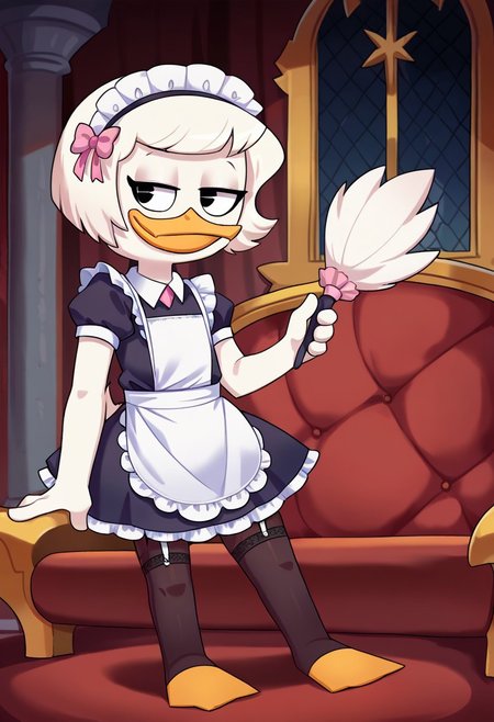 score_9, score_8_up, score_7_up, score_6_up, best quality, highres, source_furry, BREAK
by mizumizuni BREAK
1girl, solo , furry, mansion, inside, female, duck, beak, webby vanderquack, young, child, white skin, white hair, short hair, black eyes, garter straps, pantyhose, toeless legwear,  maid uniform, maid headdress, maid apron, frilly, feather duster, pink clothing  (smug) <lora:ponyxl-mizumizuni-style-v03:0.7> <lora:Webby_Vanderquack:1>
