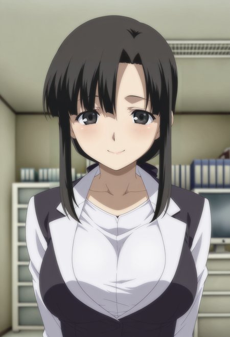 1girl,solo,mm,mature female,black hair,long hair,ponytail,black eyes,large breasts,anime coloring,
formal,office lady,upper body, looking at viewer, smile,indoors
,masterpiece,best quality,amazing quality,<lora:Saionji_Odoriko-SHINY_DAYS:0.8>