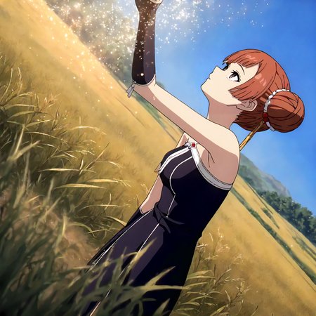 <lora:FBJE_LaufenXLIllustrious008>,
masterpiece,best quality,good quality,newest,
detailed background,grassland,blue sky,glitter,
looking at another,looking up,
solo,
Laufen,1girl,brown hair,short hair,double bun,brown eyes,yellow hairornament,
black dress,bare shoulders,
upper body,
standing,