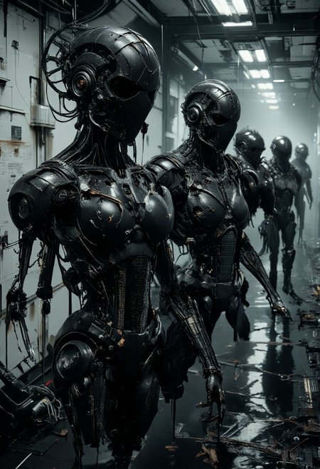 (Dark sci-fi horror corridor, stretching from left to right, with rows of deformed robots standing eerily like mannequins from Silent Hill. Each robot is slightly damaged, with missing parts and unsettling poses, while their bodies remain still, they have all turned their heads towards the viewer, staring intently, with pitch-black blood like tar flowing from their eyes, cracked or fractured heads and limbs, casting eerie shadows on the white, cracked walls and black marble floor. The atmosphere is haunting, with dim, cold lighting that enhances the sense of dread, creating a surreal, unnerving corridor scene. Rendered in hyper-realistic detail, the image is smooth and sharp, with every element captured with crystal-clear precision and lifelike clarity. highly detailed, ultra detailed),  <lora: - Flux1 - vanta_black_V1.0:0.5>,  <lora:ck-nc-pastel-cyberpunk:0.6>,  <lora:Neon_Noir_FLUX:0.5>,  <lora:scifi-robot-flux:0.7>, <lora:HORROR_lora.TA_trained:0.85>