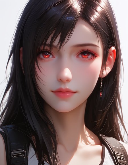 zPDXLxxx, Expressiveh, 

FF7Tifa, 1girl, black hair, red eyes, long hair,

small breasts, natural sagging breasts,

score_9, score_8_up, score_7_up,score_6_up,

highres, high quality, perfection, masterpiece, detailed, source_anime, simple white background, 1girl, solo, front view portrait, face focus, intricate features, beautiful girl, young adult, youthful, petite body, detailed face, beautiful face, innocent face, eyelashes, perfect eyes, detailed eyes, medium breasts, clothed, black lace shirt, black lace choker, standing, smiling, looking at viewer,