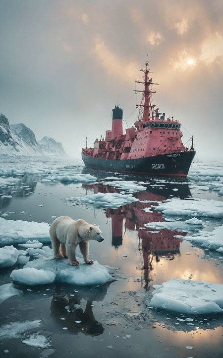 above view:1.2,leica summicron 35mm f5.6.0,kodak portra 400,film grain,fine art photography shot of A pink nuclear-powered icebreaker sails through the Arctic Circle,surrounded by the icy landscape,(polar_bear gracefully walk across the frozen terrain:1.5),while the misty haze accentuates the vessel's ice-breaking features,adding to the frigid ambiance,Thick ice sheet:1.5,black water:1.6,in the fog<lora:SDXL_Fog_Sa_May:0.65>,(tealblue and darkgray colors:0.5),groundbreaking unrivaled opus with unrivaled details,cinematic composition,dramatic light,solargram effect<lora:RMSDXL_Enhance:2><lora:RMSDXL_Creative:2><lora:RMSDXL_Darkness_Cinema:2.5><lora:detailed_notrigger:1><lora:MJ52:0.5><lora:DD-pnte-neg-v1:-1.5>,ZIP2D BREAK