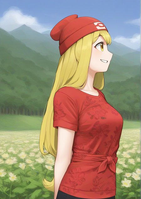 1girl, selene (pokemon), by kodoto, alternate eye color, alternate hair color, alternate hairstyle, arms behind back, beanie, blonde hair, floral print, flower, hat, long hair, red headwear, scenery, shirt, short sleeves, smile, solo, t-shirt, tied shirt, yellow eyes, 
<lora:Yangmal_Jellyìë§ì ¤ë¦¬:1>