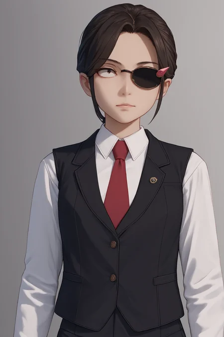 score_9, score_8_up, score_7_up, score_6_up, score_5_up, score_4_up, (high quality, detailed, beautiful)  <lora:Manager_epoch_8:0.99> yasuko_yaegashi, hair_ornament, necktie, std_outfit, eyepatch, cowboy_shot, vest,