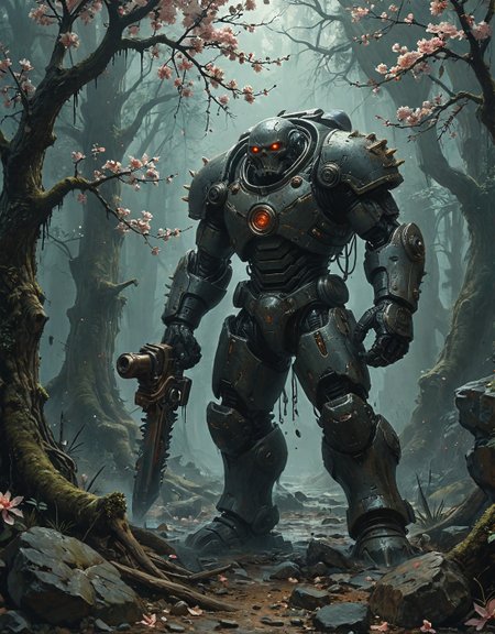 Dark Moody Atmosphere, Dark Fantasy Art, (groupwarforged golem with runic reactor core:1.2), revving chainsaw greatsword overhead in taunt, jungle-camo power armor with venom reservoirs, geomagnetic_pulse, Coral-encrypted mainframe calculating alien ecologies,  electromagnetic rains aligning iron sands into spirals, organic matter cycling through eras daily,Quantum radar midnight detecting parallel realities, Groves of petrified cherry blossoms frozen mid-fall,
 <lora:tbh295-sdxl:0.15> style of H. R. Giger,
<lora:tbh297-sdxl:0.3>,
<lora:tbh189-sdxl:0.15> style of Hieronymus Bosch,
<lora:add-detail-xl:0.7>,
<lora:extremely_detailed:0.7> extremely detailed,
<lora:Flux-XL_Scenery:0.15> flux-scenery,
<lora:Flux-style-xl-lora:0.15> flux-style
<lora:1dkXLP:0.15> 1dk,
<lora:PainterlyFantasiaFlux:0.15> Digital painting style,
8K resolution, ultra-detailed cinematic composition, contemporary concept art style, volumetric magical atmosphere with ethereal glow, rich complementary color palette, vivid gradients and chiaroscuro contrast, dynamic perspective with layered depth of field, inspiring awe-inspiring mood, Unreal Engine 5 render quality, intricate textures, flawless anatomy, rule of thirds composition, luminous highlights, surreal ambiance, award-winning illustration, harmonious balance of light and shadow, photorealistic details, ArtStation trending, chromatic accents, nostalgic futurism, dreamlike serenity, bold creativity, professional finish, sharp focus, ambient background, fascinating dynamic motion,, dark, moody, dark fantasy style, dramatic, mysterious, dark moody atmosphere, Grimdark painting art style, dark and brooding composition, dramatic lighting, captures the sinister and macabre atmosphere