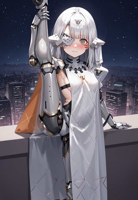 NytoAlina, mechanical arms, white hair, long hair, eyepatch, facial mark,blunt bangs, grey eyes, mechanical legs, headgear, white dress, shoulder armor,small breasts, cape, robot joints, sideboob, sideless outfit, hair ornament,

looking at viewer, closed mouth, leg up, standing on one leg, standing split, holding own leg, blush, embarassed, wavy mouth, 


city, cityscape, dark, night, night sky, cyberpunk,

1girl, solo, solo focus, highres, absurdres, light particles, shade, lens flare, shiny skin, fine fabric emphasis,