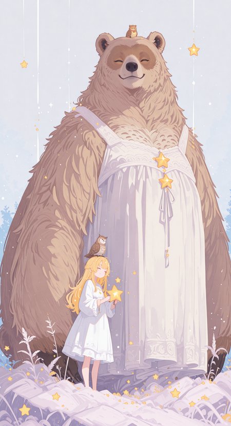 masterpiece, best quality, good quality, newest, highres, absurdres, 1girl, solo, long hair, smile, blonde hair, dress, holding, standing, closed eyes, white dress, star \(symbol\), bird, animal, on head, wide shot, animal on head, bear, owl, Ethereal Brushstroke,
Flat vector illustration,
h4ra_illu,
MomoSweetSpaceILL <lora:illustriousXL_stabilizer_v1.23:0.3> <lora:NOOB_vp1_detailer_by_volnovik_v1:0.3> <lora:ponyv6_noobE11_2_adamW-000017:0.45> <lora:Illustrious:0.15> <lora:checkpoint-e18_s306:1.3> <lora:hara_id_21:0.85> <lora:MomoSweetSpaceILL:0.8>