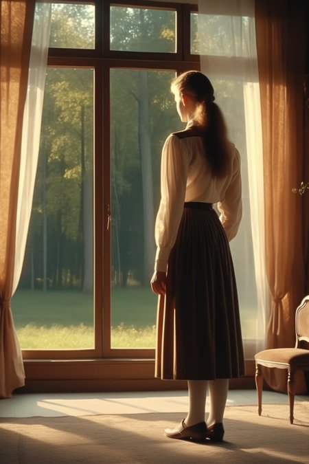 <lora:Director Krzysztof Kieslowski style:1>Director Krzysztof Kieslowski style - Old fashioned interior.the window. An antique design table and chair next to the window. front view. transparent curtains. afternoon sunlight. You can see the forest outside the window. film lighting. cinema scene. dark academia: full body, back view of a 20-year-old aristocratic woman standing on the grass in a white blouse and brown skirt., . backlight.
