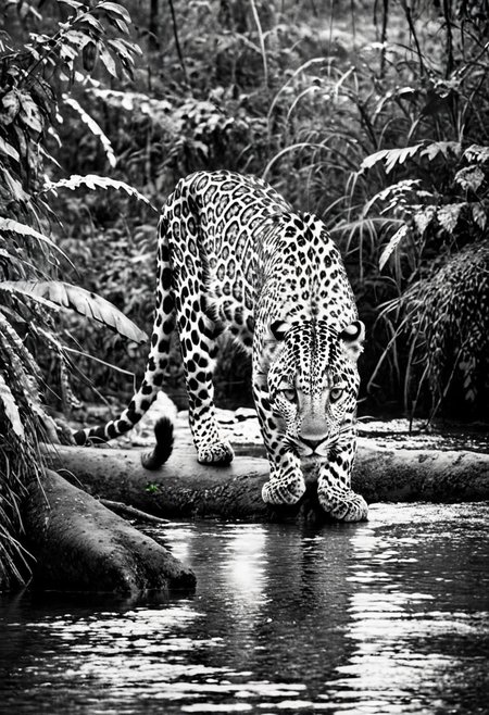 a (black and white:1.5) photo of a leopard, in the jungle, drinking at the at the edge of a river, at dusk, dense jungle forest, dramatic lights, shallow depth of field, blurred background, extreme details, intricate details, 8k, 35mm photo, photorealism, realistic photo, national geographic style, masterpiece, film photography style
